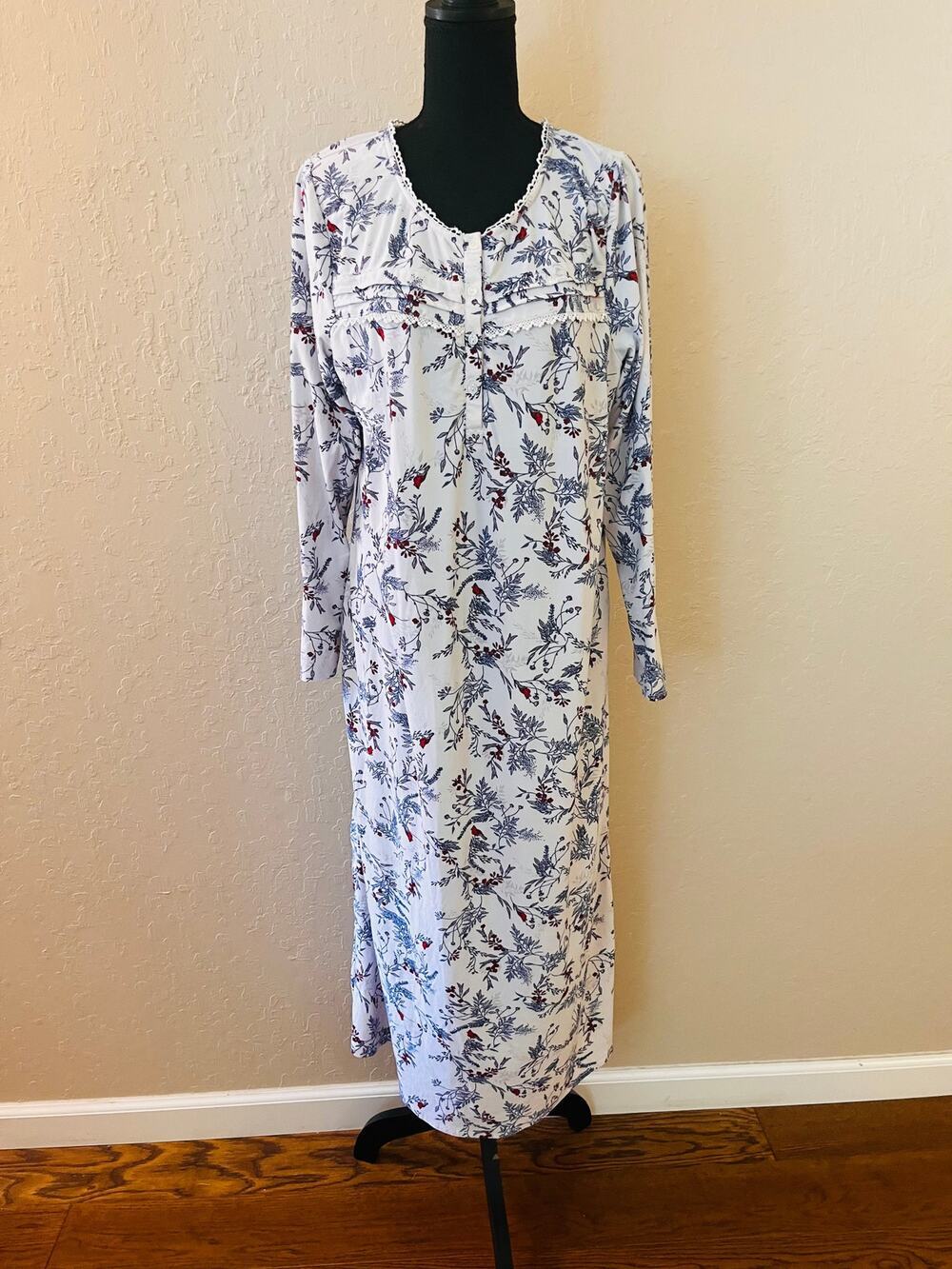 ADONNA Women’s Cardinal Print Blue Long Sleeve Nightgown Sleepwear Lounge Gown